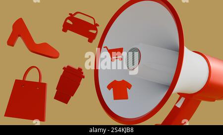Rendering 3D di un megafono circondato da varie icone stilizzate che rappresentano diversi tipi di acquisti o beni di consumo. Foto Stock