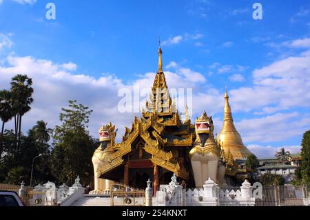 Statua dorata del guardiano del leone e stupa dorato nell'antico complesso buddista. Figure di pietra di creature mitiche vicino al tempio buddista di Yangon, Myan Foto Stock