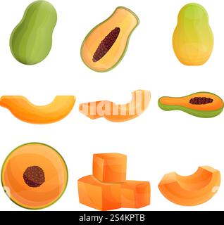 Set di icone papaya. Set di cartoni animati con icone vettoriali papaya per il web design. Set di icone di papaya, stile cartoni animati Illustrazione Vettoriale