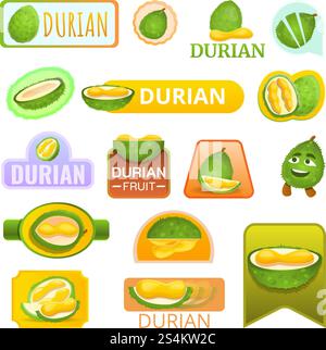 Set con logo Durian Fruit. Set di cartoni animati con logo vettoriale di frutta duriana per il web design. Set con logo Durian Fruit, stile cartone animato Illustrazione Vettoriale