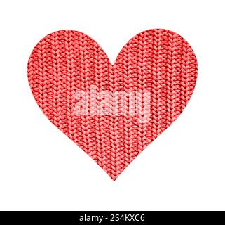Il cuore è pieno di una tessitura a maglia. Colore rosso. Isolato su sfondo bianco. Cuciture verticali uniformi. San Valentino. Amore. Romanticismo. Matrimonio. Foto Stock