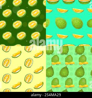 Nuovo set durian. Illustrazione cartoon di un nuovo set di pattern vettoriali durian per il web design. Set di fantasie durian fresche, stile cartoon Illustrazione Vettoriale