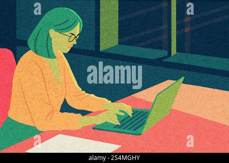 Un professionista aziendale si concentra sulle attività di un notebook in un ufficio contemporaneo. L'ambiente è illuminato dalle luci della città all'esterno, creando un prodotto Foto Stock