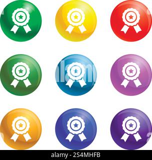 Icone a stella Vector 9 colori su sfondo bianco per qualsiasi disegno a rete . Icone emblema a stella impostate il vettore Illustrazione Vettoriale
