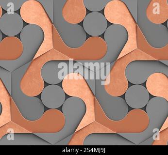 Questo motivo geometrico 3D presenta un mix di cerchi, curve e linee in un layout dinamico, perfetto per i moderni disegni di carta da parati con le sue forme scolpite Foto Stock