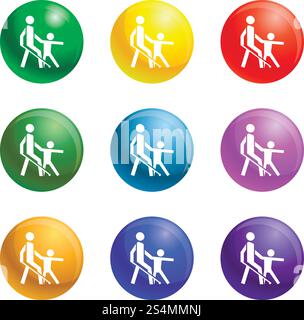 Icone uomo cieco guida bambino vettoriale set di 9 colori isolato su sfondo bianco per qualsiasi web design . Icone uomo cieco guida bambini impostate vettoriali Illustrazione Vettoriale