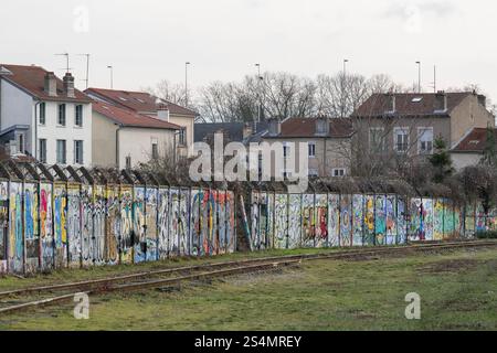 Nancy, Francia - vecchia linea ferroviaria abbandonata coperta di erba con un muro coperto di graffiti e vecchi edifici residenziali sullo sfondo. Foto Stock