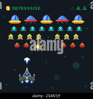 Grafica grafica vettoriale di un videogioco arcade vintage con proiettili sparatori e alieni. Vecchio videogioco con pixel pop retrò con illustrazioni di mostri galassici. Grafica grafica vettoriale di un videogioco arcade vintage con proiettili sparatori e alieni Illustrazione Vettoriale
