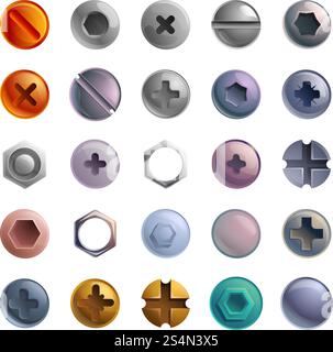 Set di icone bulloni a vite. Set cartoni animati di icone vettoriali a vite per la progettazione Web. Set di icone a vite, stile cartone animato Illustrazione Vettoriale