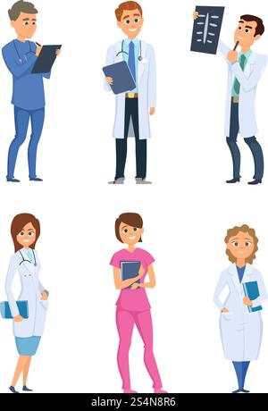 Medici infermieri e medici. Personaggi sanitari in pose diverse. Persone in ospedale, medico e medico, infermiera medica, illustrazione vettoriale. Medici infermieri e medici. Personaggi sanitari in pose diverse Illustrazione Vettoriale