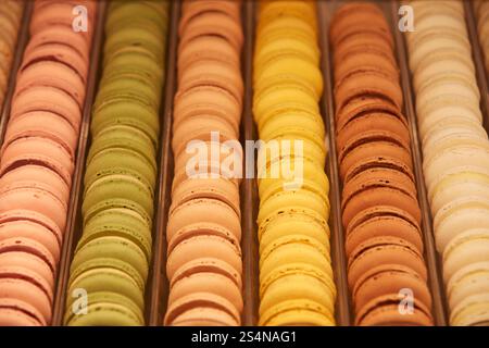 Macaron colorati (macaron francesi) in mostra presso il famoso Bar "Confiteria la Ideal", Buenos Aires, Argentina. Foto Stock
