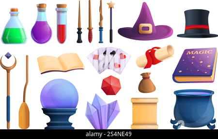 Wizard tools icons set. Cartoon set of wizard tools vector icons for web design. Wizard tools icons set, cartoon style Illustrazione Vettoriale