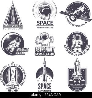 Illustrazioni monocromatiche di Space Shuttle e astronauti per etichette e badge. Emblemi di esplorazione spaziale e scientifica, lancia navette con vettore astronauta. Illustrazioni monocromatiche di Space Shuttle e astronauti per etichette e badge Illustrazione Vettoriale