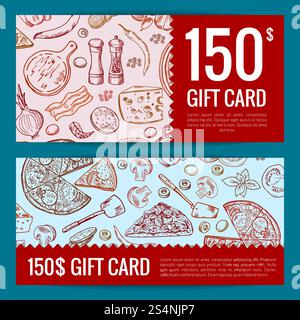 Ristorante Vector Pizzeria o negozio di buoni regalo o modelli di sconto. Immagine di un buono sconto per una cena a base di pizza. Ristorante Vector Pizzeria o negozio di buoni regalo o modelli di sconto Illustrazione Vettoriale