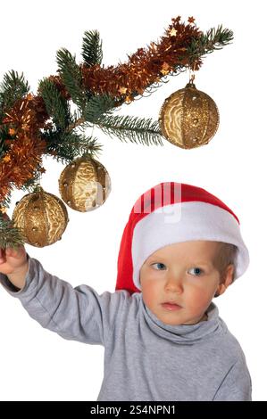 Piccolo Ragazzo giocoso sotto l albero di Natale ramo isolato su bianco Foto Stock