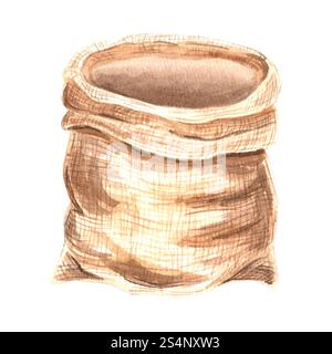 Sacco in juta per prodotti alimentari sfusi. Illustrazione ad acquerello disegnata a mano isolata. Borsa in tela per conservare fagioli, cereali e semi. Senza trama Foto Stock