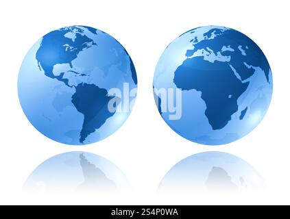 due globi blu lucidi su sfondo bianco - illustrazione tridimensionale. globi blu lucidi Foto Stock