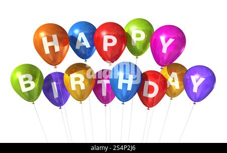 Palloncini 3D colorati Happy Birthday isolati su sfondo bianco. Buon compleanno con palloncini Foto Stock