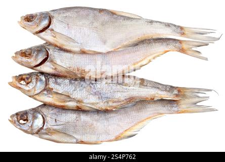 Quattro sale essiccato pesci isolati su sfondo bianco Foto Stock