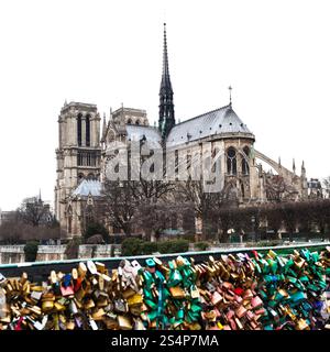 Amore lucchetti e la cattedrale di Notre Dame de Paris Foto Stock