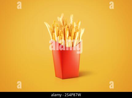 Confezione di carta rossa vuota con mockup di patatine fritte, sfondo colorato, rendering 3d. Svuotare le patate fastfood salate in un modello di scatola artigianale, vista laterale. Cancella Foto Stock