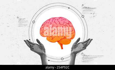Immagine concettuale delle mani che presentano un cervello arancione e rosa vibrante, simboleggiando la salute mentale e la ricerca neurologica. Progettazione concettuale. Foto Stock