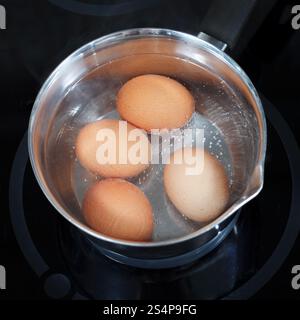Vista dall'alto di bollire le uova di gallina in pentola di metallo sulla stufa elettrica in cucina Foto Stock
