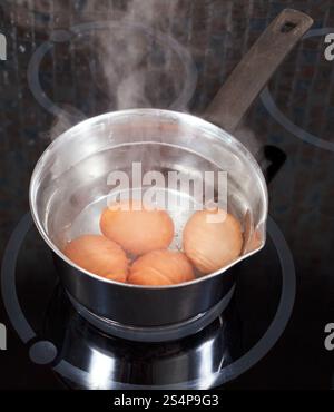 uova di pollo bollenti in pentola metallica su fornelli elettrici in cucina Foto Stock