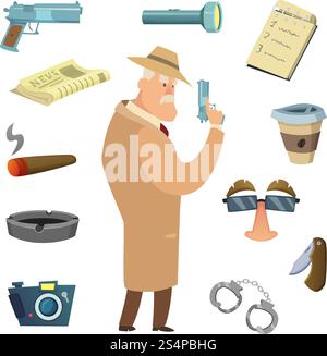 Strumenti diversi per detective. Icone vettoriali in stile cartoni animati. Detective criminale, investigazione e illustrazione dell'agente spia. Strumenti diversi per detective. Icone vettoriali in stile cartoni animati Illustrazione Vettoriale