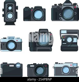 Fotocamere reflex digitali. Set vettoriale in stile cartone animato. Illustrazione della fotocamera e dell'attrezzatura fotografica. Fotocamere reflex digitali. Set vettoriale in stile cartone animato Illustrazione Vettoriale