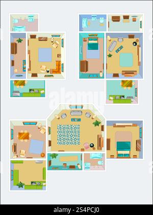 Disegni per la disposizione dell'appartamento. Immagini vettoriali della cucina, del bagno e del soggiorno. Schema dell'illustrazione di un condominio interno. Disegni per la disposizione dell'appartamento. Immagini vettoriali della cucina, del bagno e del soggiorno Illustrazione Vettoriale