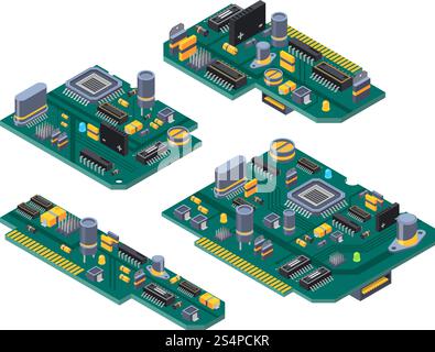 Diverse schede per computer con semiconduttori, condensatore e chip. Circuito elettronico della scheda madre, microchip e semiconduttore. Illustrazione vettoriale. Diverse schede per computer con semiconduttori, condensatore e chip Illustrazione Vettoriale