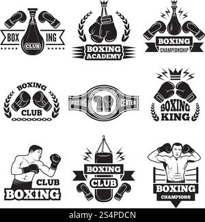 Set di etichette monocromatiche per il campionato di pugilato. Illustrazione di guanti e pugile. Etichetta con emblema per club di pugilato o vettore di competizione. Set di etichette monocromatiche per il campionato di pugilato. Illustrazione di guanti e pugile Illustrazione Vettoriale
