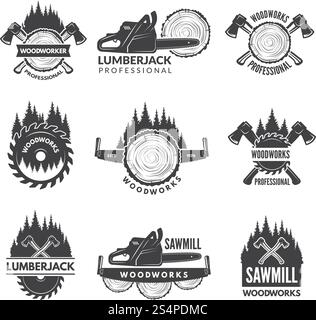 Set di badge per l'industria del legno. Logo in legno emblema industria, boscaiolo lavorazione del legno. Illustrazione vettoriale. Set di badge per l'industria del legno Illustrazione Vettoriale