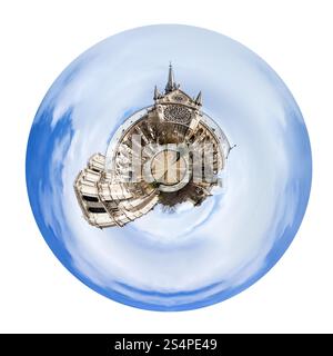 Piccolo pianeta - sferica urbano vista della cattedrale di Notre-dame de Paris isolati su sfondo bianco Foto Stock