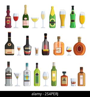 Illustrazioni di bottiglie e bicchieri alcolici in stile cartone animato. Bottiglia di alcol vettoriale, vino e champagne, whisky e martini. Illustrazioni di bottiglie e bicchieri alcolici in stile cartone animato Illustrazione Vettoriale