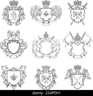 Modello di emblemi araldici. Diverse cornici vuote per il design di logo o badge. Stemma araldico vettoriale vintage con illustrazione di spada e aquila. Modello di emblemi araldici. Diverse cornici vuote per il design di logo o badge Illustrazione Vettoriale
