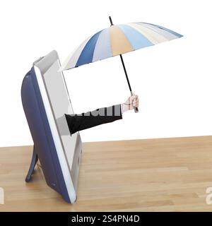Previsioni meteo - mano con ombrello a strisce si affaccia sullo schermo del televisore isolati su sfondo bianco Foto Stock