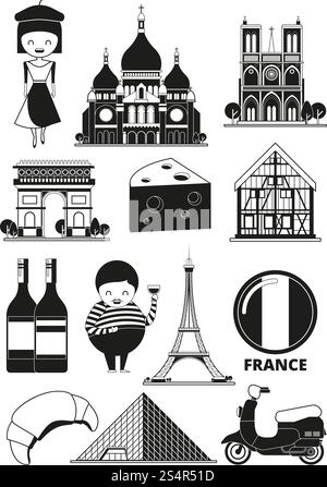 Illustrazioni monocromatiche di monumenti francesi. Immagini vettoriali in stile cartoni animati. Torre Eiffel di parigi, monumento ad arco trionfale. Illustrazioni monocromatiche di monumenti francesi. Immagini vettoriali in stile cartoni animati Illustrazione Vettoriale