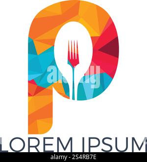 Modello di illustrazione vettoriale con logo Letter P food. Cucchiaio con lettera P Vector logo illustrazione concettuale. Illustrazione Vettoriale