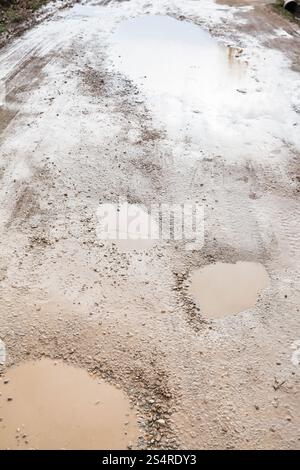strada con pozzanghere piovose in primavera Foto Stock