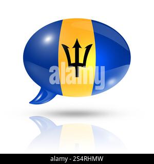Bandiera delle Barbados tridimensionale in una bolla di discorso isolata su bianco con percorso di ritaglio. Bolla di discorso della bandiera delle Barbados Foto Stock