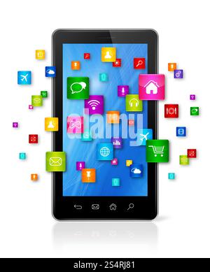 Telefono cellulare 3D con icone di app volanti - isolato su bianco. Icone telefono cellulare e app volanti Foto Stock
