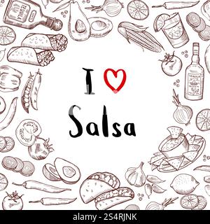 Lo sfondo degli elementi alimentari messicani disegnato dal vettore con un cerchio di spazio vuoto al centro. Illustrazione della cucina messicana e messicana. Lo sfondo degli elementi alimentari messicani disegnato dal vettore con un cerchio di spazio vuoto al centro Illustrazione Vettoriale