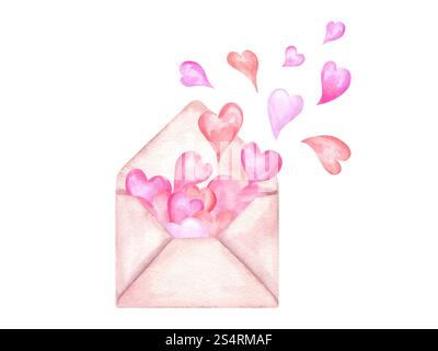 Cuori rosa pastello rossi che volano fuori dalla busta aperta sfondo isolato di illustrazione acquerello. Lettera d'amore per il design di San Valentino. Romantico Foto Stock