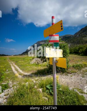 Grande cartello con diverse direzioni piedi su inizio del percorso turistico Foto Stock