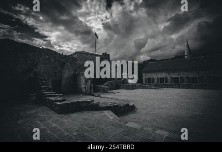 Foto in bianco e nero del vecchio castello in rovina al giorno nuvoloso Foto Stock