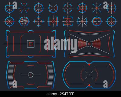 Design futuristico dello schermo virtuale high tech. Pannello hud dei sistemi informatici con set vettoriale dei frame di puntamento di tracciamento. Illustrazione della gui, mirino visivo interattivo. Design futuristico dello schermo virtuale high tech. Pannello hud dei sistemi informatici con set vettoriale dei frame di puntamento di tracciamento Illustrazione Vettoriale