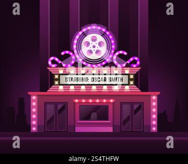 Esterno dell'edificio del cinema. Ingresso cinematografico con immagine vettoriale per striscioni con luci retrò. Edificio cinematografico dall'architettura architettonica, ingresso frontale esterno. Esterno dell'edificio del cinema. Ingresso cinematografico con immagine vettoriale per striscioni con luci retrò Illustrazione Vettoriale