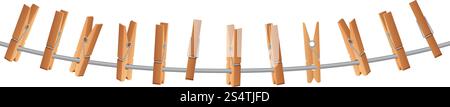 Clothespin in legno sulla linea degli indumenti che regge l'illustrazione vettoriale della fune isolata su sfondo bianco. Clothesline per la casa, appendi spilla o piolo. Clothespin in legno sulla linea degli indumenti che regge l'illustrazione vettoriale della fune isolata su sfondo bianco Illustrazione Vettoriale